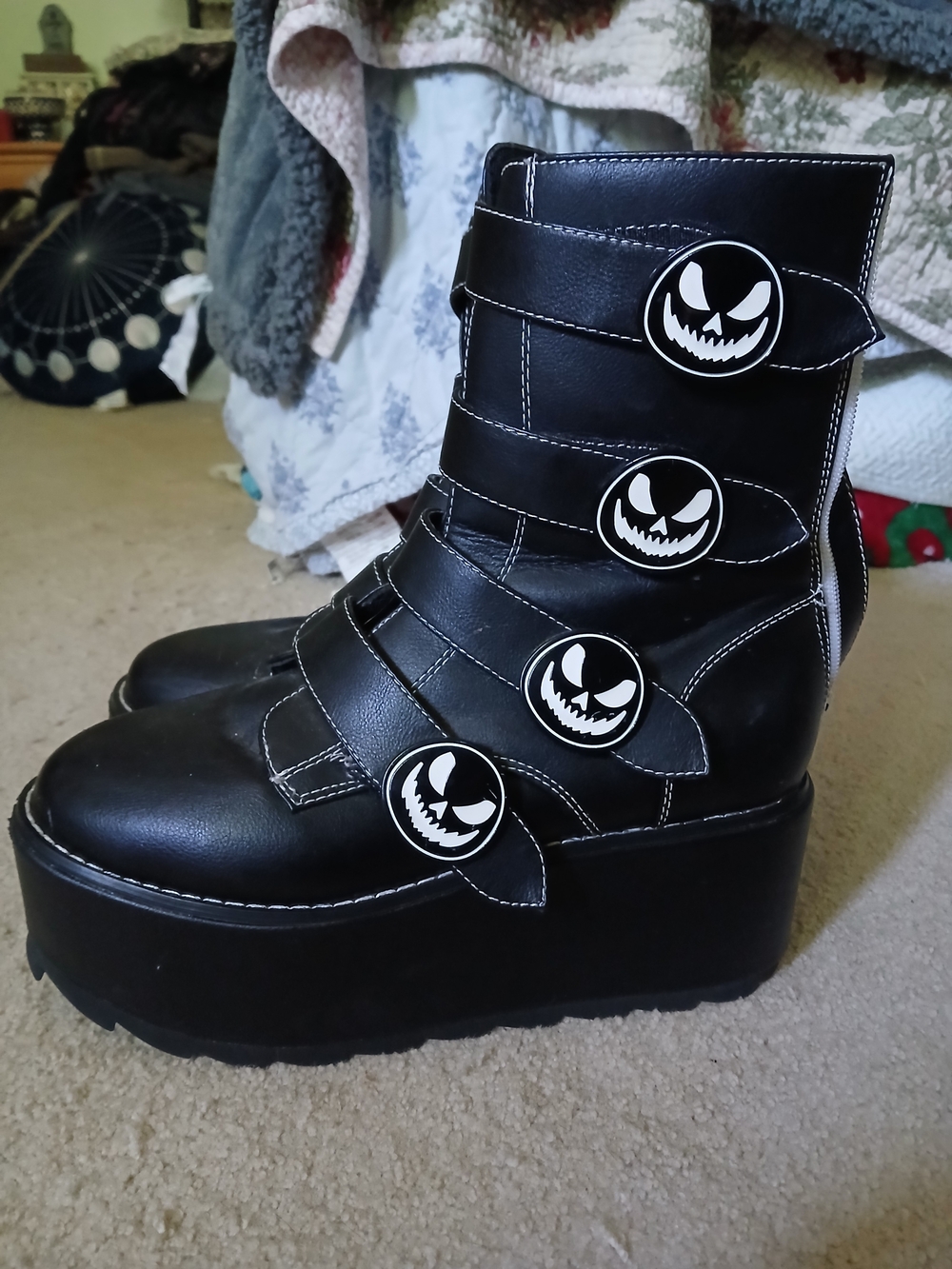 Black Platform Gothic Boots with Jack-o'-Lantern Buttons